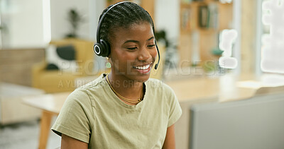 Buy stock photo Freelance, call center and black woman in home office consulting for contact us, crm or faq. Remote, telemarketing or friendly lead generation consultant with loan advice, customer support or service