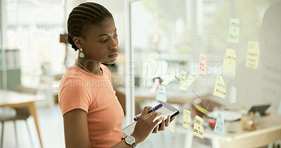 Buy stock photo Business, office and black woman with a tablet, thinking or typing with connection, planning or internet. African person, worker or consultant with tech, ideas or problem solving with solution or app