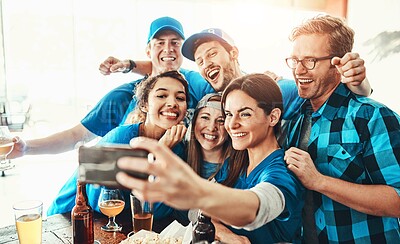 Buy stock photo Sports, celebration and friends in pub with selfie for support of team, country and winning or success. Group of people in profile picture at restaurant with beer, drinks and alcohol for USA baseball