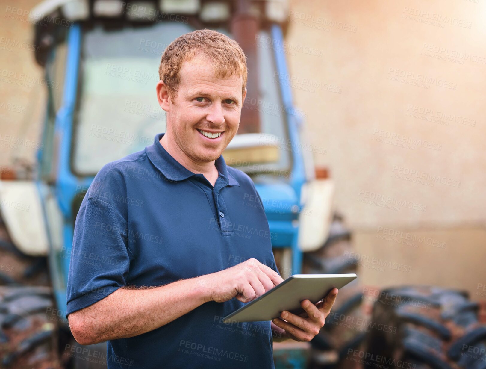 Buy stock photo Smile, portrait and man with tablet by tractor for production, communication and research on industry. Farming, website and male person with tech for agriculture, network and online for inspection