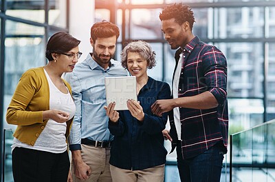 Buy stock photo Woman, tablet and group in discussion at startup for reading, proposal or brainstorming for problem solving. Business people, team and digital touchscreen in scrum, meeting or idea at creative agency