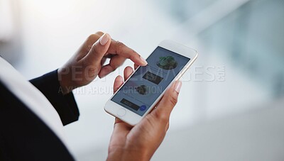 Buy stock photo Food app, order and person with phone screen or online, checkout or customer shopping for lunch, meal or work takeout. Mobile delivery, transaction and retail ux payment for dinner choice or decision