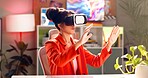 Woman, vr and gamer with virtual interaction for futuristic experience, interface or ai technology at home. Young, female person or player with simulation for metaverse gaming, software or 3D lens