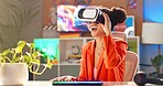 Happy woman, vr and gamer with virtual vision for futuristic experience, interface or ai technology at home. Young, female person or player with smile for simulation metaverse gaming or 3D software