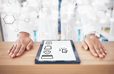 Buy stock photo Hands, tablet and doctor with hologram, screen and overlay on network, cross or telehealth at clinic. Person, medic and digital touchscreen with icon, sign and app ux for contact, report or wellness
