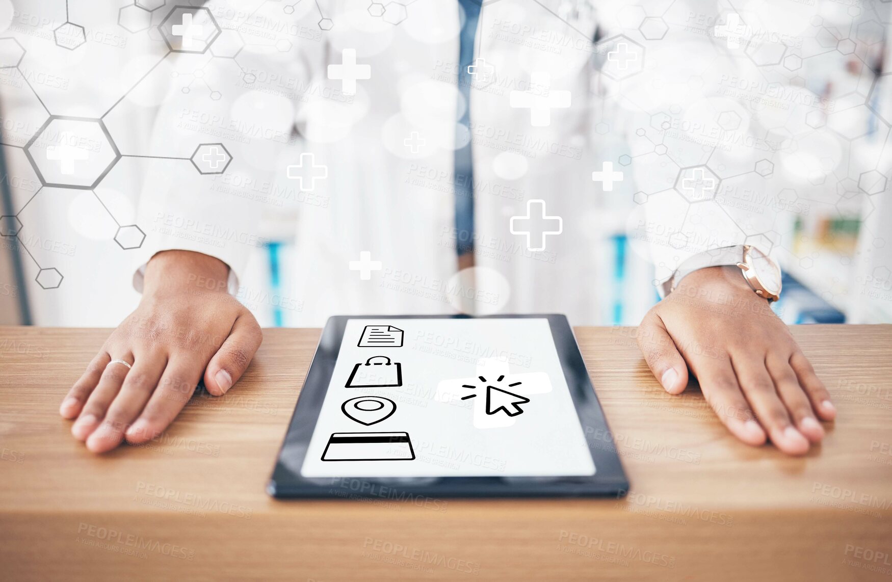 Buy stock photo Hands, tablet and doctor with hologram, screen and overlay on network, cross or telehealth at clinic. Person, medic and digital touchscreen with icon, sign and app ux for contact, report or wellness