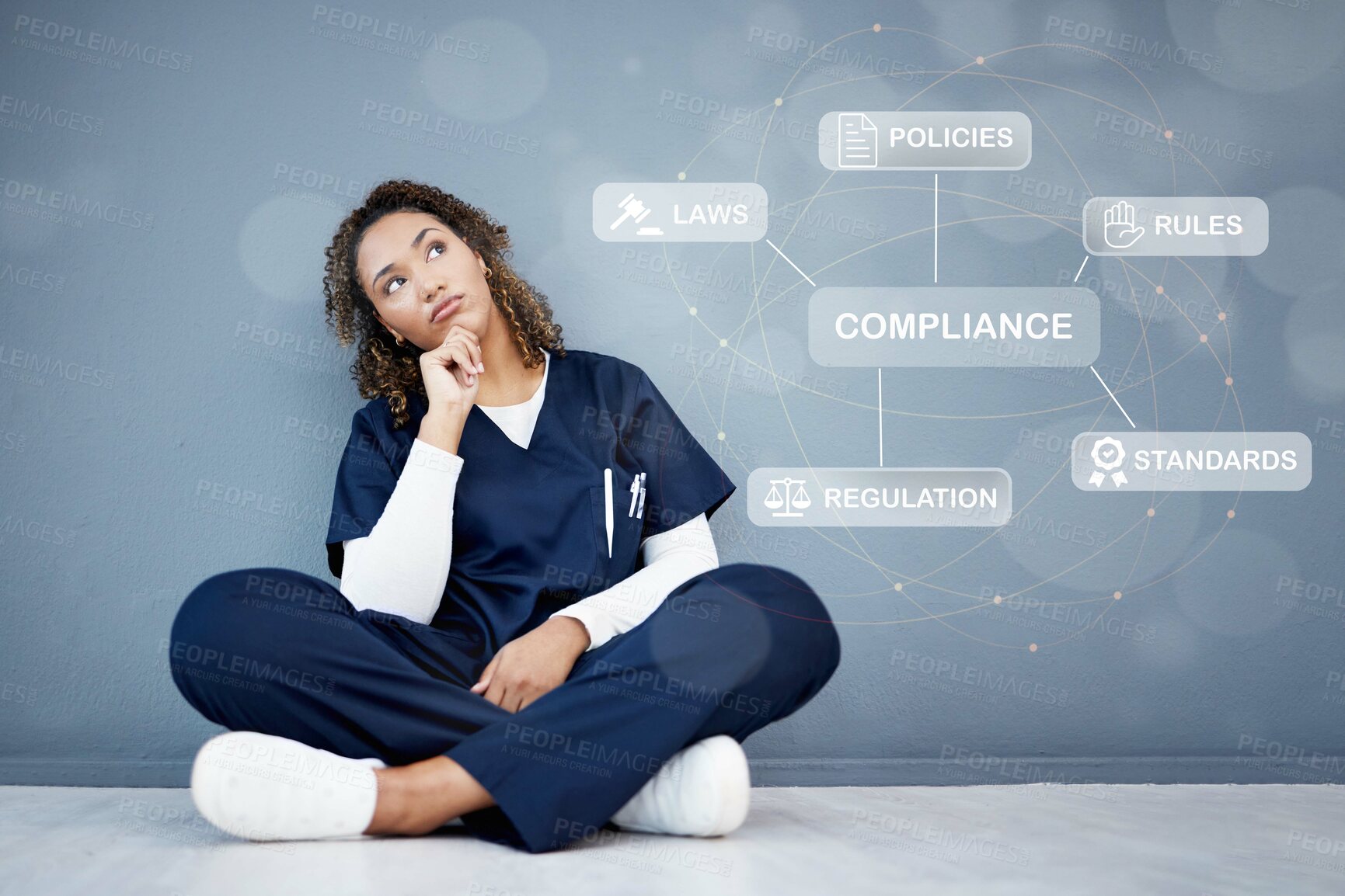 Buy stock photo Thinking, woman and doctor with hologram at hospital for medical compliance, healthcare protocol and policy. Girl, overlay and insurance with legal safety, wellness law and assurance of privacy rules
