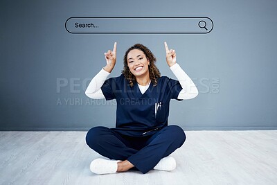 Buy stock photo Portrait, woman and nurse with hologram and search bar and pointing on gray background. Face, person on floor and medical with professional, hand gesture and animation for information and about us