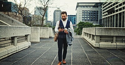 Buy stock photo City, phone and walking with business man outdoor for communication, networking or travel. App, corporate and text message with professional employee in urban town for commute to work location 
