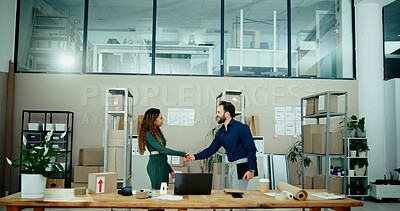 Buy stock photo Man, woman and handshake in warehouse with boxes, deal and b2b agreement with teamwork for logistics. People, shaking hands and inventory with welcome, collaboration and packaging for supply chain