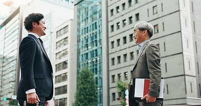 Buy stock photo Asian, walking and business people in city for partnership, travel and collaboration by buildings. Smile, networking and happy professional Japanese colleagues in Tokyo for urban project together