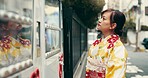 Vending machine, decision and Japanese woman in kimono for food choice, traditional and thinking. Menu price, shopping and fashion with asian person in city for selection, customer or snack dispenser