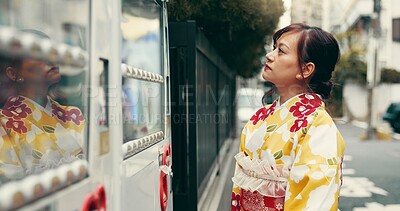 Buy stock photo Vending machine, decision and Japanese woman in kimono for food choice, traditional and thinking. Menu price, shopping and fashion with asian person in city for selection, customer or snack dispenser