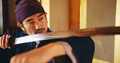 Buy stock photo Concentration, Kenjutsu and sword with Samurai man in Japan for combat, martial arts or training, Culture, technique and weapon with Japanese person in kendogi for discipline, exercise or practice