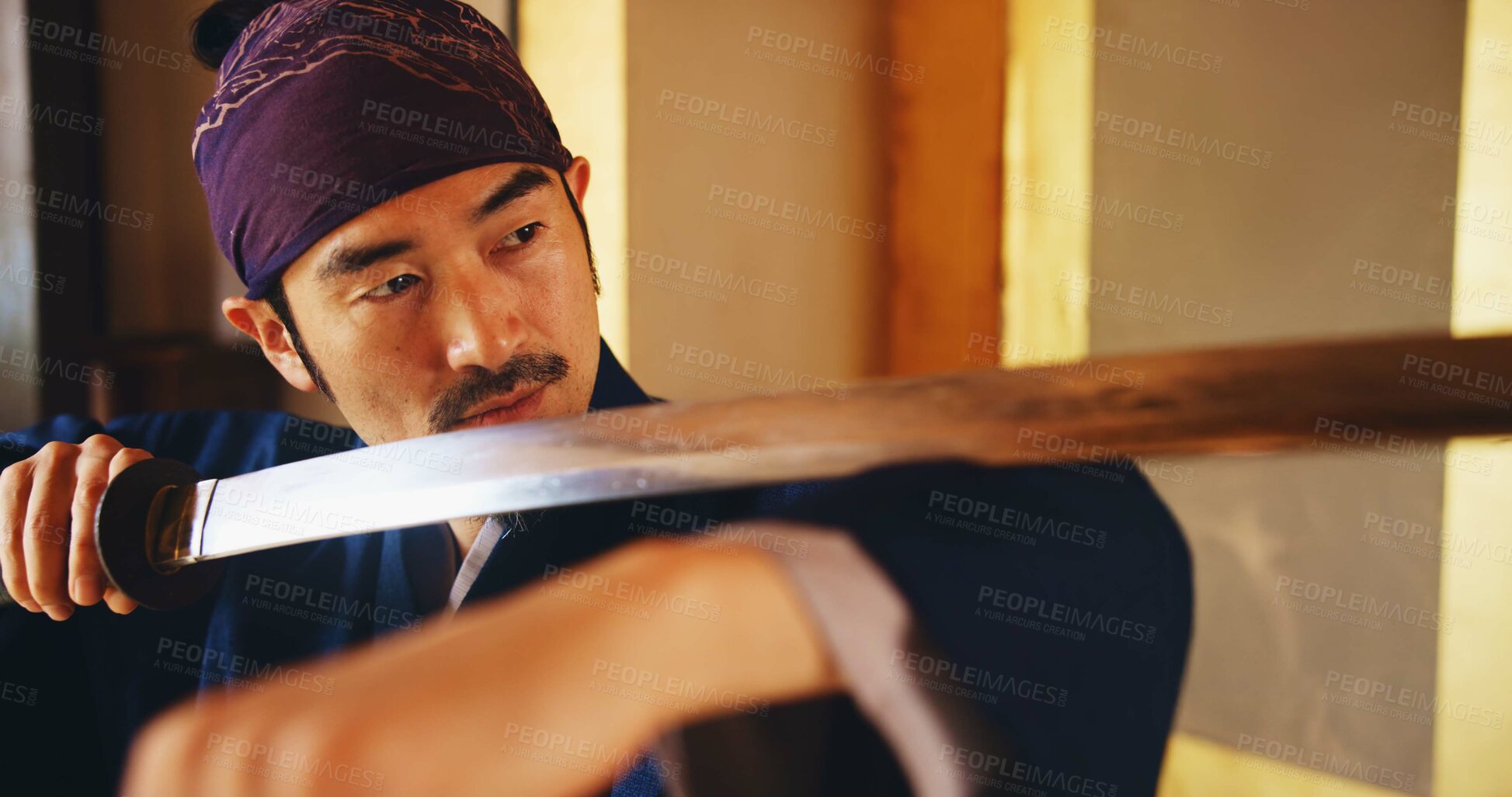 Buy stock photo Concentration, Kenjutsu and sword with Samurai man in Japan for combat, martial arts or training, Culture, technique and weapon with Japanese person in kendogi for discipline, exercise or practice