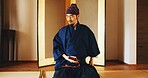 Dojo, ready and sword with Samurai man in Japan for combat, martial arts or training, Culture, start and weapon with serious Japanese person in kendogi for discipline, exercise or practice routine