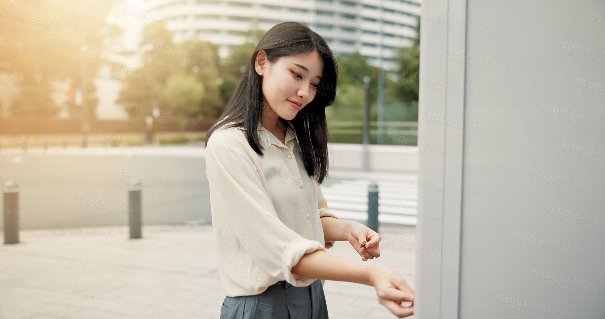 Buy stock photo Asian woman, vending machine or city with coin for choice, selection or snack on sidewalk. Japan, female person or local shopper with self service station, vendor or shop dispenser for option in town