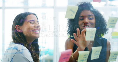 Buy stock photo Team, planning and business women with sticky note for brainstorming startup ideas. Glass wall, collaboration or happy worker in meeting for project schedule or creative solution with product manager