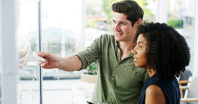 Buy stock photo Teamwork, planning and business people with sticky note for brainstorming ideas in startup. Glass wall, collaboration or creative discussion in scrum meeting for project schedule with product manager