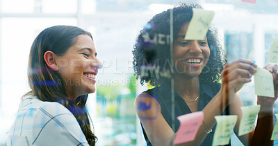 Buy stock photo Team, brainstorming and business women with sticky note for planning startup ideas. Glass wall, collaboration or happy worker in meeting for project schedule or creative solution with product manager