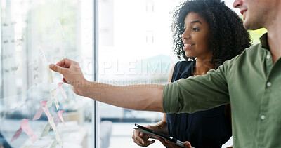 Buy stock photo Team, hand and business people brainstorming with sticky note for ideas or plan in startup. Glass wall, cooperation or creative strategy in meeting for project schedule with product manager on tablet