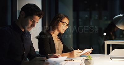 Buy stock photo Business people, night and meeting with proposal, planning and brainstorming for legal project and research. Lawyer, consultant and employee with documents, book and deadline with idea for case notes