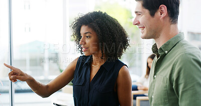 Buy stock photo Team, planning and business people on glass board for brainstorming ideas in startup. Wall, cooperation and creative discussion in meeting with happy brand strategist for campaign or project schedule