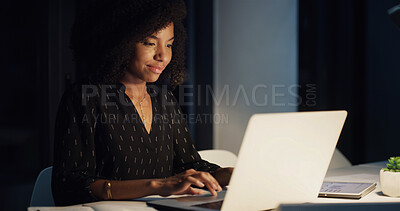 Buy stock photo Business woman, night and typing with laptop, planning and brainstorming for project graph and research. Consultant, tablet and statistics for deadline, report and document for idea or survey results