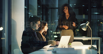 Buy stock photo Business people, night and meeting with laptop, planning and brainstorming for legal project and research. Lawyer, consultant and employee with discussion, book and deadline with idea for case notes