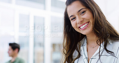 Buy stock photo Smile, portrait and woman in coworking office with confidence, pride and opportunity in creative business. Consultant, designer or happy businesswoman with positive ambition in professional space