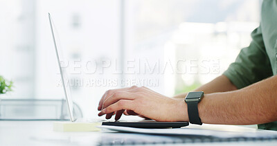 Buy stock photo Hands laptop and businessman in office typing for research with finance report for company revenue. Technology, communication and male financial analyst with email for investment offer on computer.