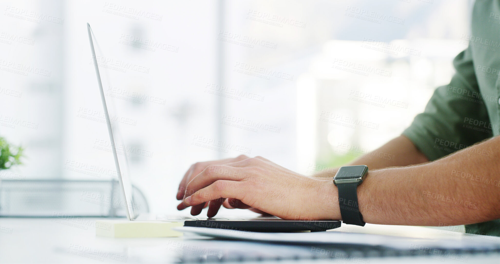 Buy stock photo Hands laptop and businessman in office typing for research with finance report for company revenue. Technology, communication and male financial analyst with email for investment offer on computer.