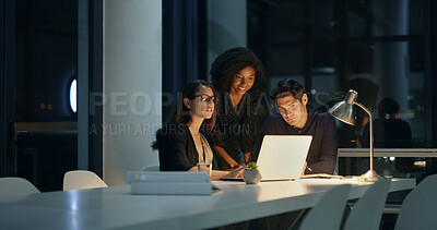 Buy stock photo Business people, night and meeting with laptop, planning and brainstorming for legal project and research. Lawyer, consultant and employee with discussion, proposal and deadline idea for case notes