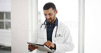 Buy stock photo Healthcare, research and doctor with tablet, hospital and man with diagnosis for cure and browsing. Digital, medical professional and person with app for prescription, info and reading in clinic
