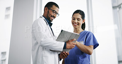 Buy stock photo Medical, doctor and nurse with tablet in clinic for healthcare research, surgery checklist or discussion. Low angle, hospital team or happy with digital app for health information or diagnosis result