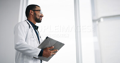 Buy stock photo Healthcare, smile and doctor with tablet, hospital and man with diagnosis for sickness and thinking. Clinic, medical professional and person with app for prescription, info or research for medication