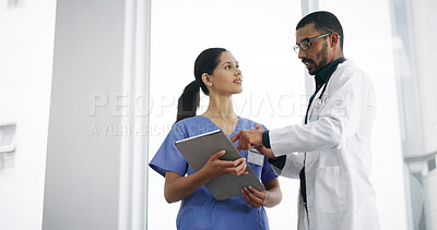 Buy stock photo Healthcare, surgeon and nurse with tablet in hospital for medical research, surgery feedback or discussion. Below, medicine team and doctor with digital app for health information or diagnosis result