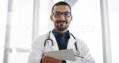 Buy stock photo Happy, portrait and doctor with glasses, hospital and man with healthcare diagnosis and confident. Clinic, medical professional and person with tablet for prescription, smile and proud in USA