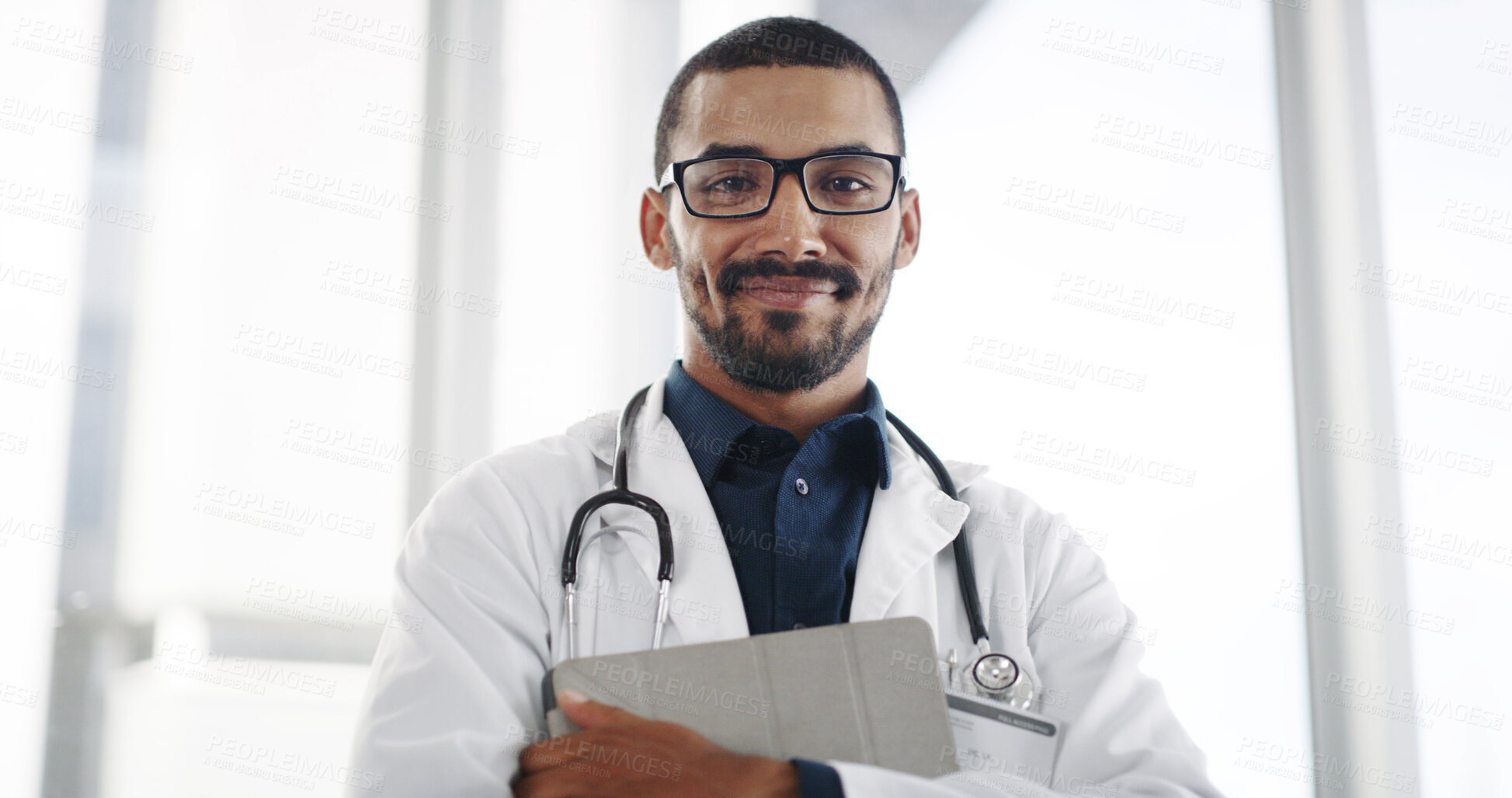 Buy stock photo Happy, portrait and doctor with glasses, hospital and man with healthcare diagnosis and confident. Clinic, medical professional and person with tablet for prescription, smile and proud in USA
