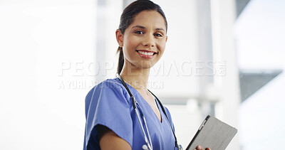 Buy stock photo Doctor, woman and portrait with tablet in hospital for medical service, telehealth and healthcare support. Professional, cardiology and space with digital tech for clinic report and online diagnosis