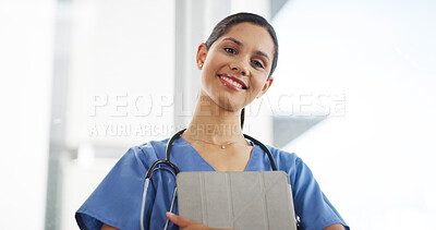 Buy stock photo Surgeon, woman and portrait with tablet in hospital for medical service, telehealth and healthcare support. Professional, doctor and happy with digital tech for clinic report, online research or info