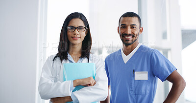 Buy stock photo Healthcare, doctor and nurse with portrait in hospital for medical service, about us and career confidence. Medicine, people and professional teamwork in clinic for surgery support and health trust