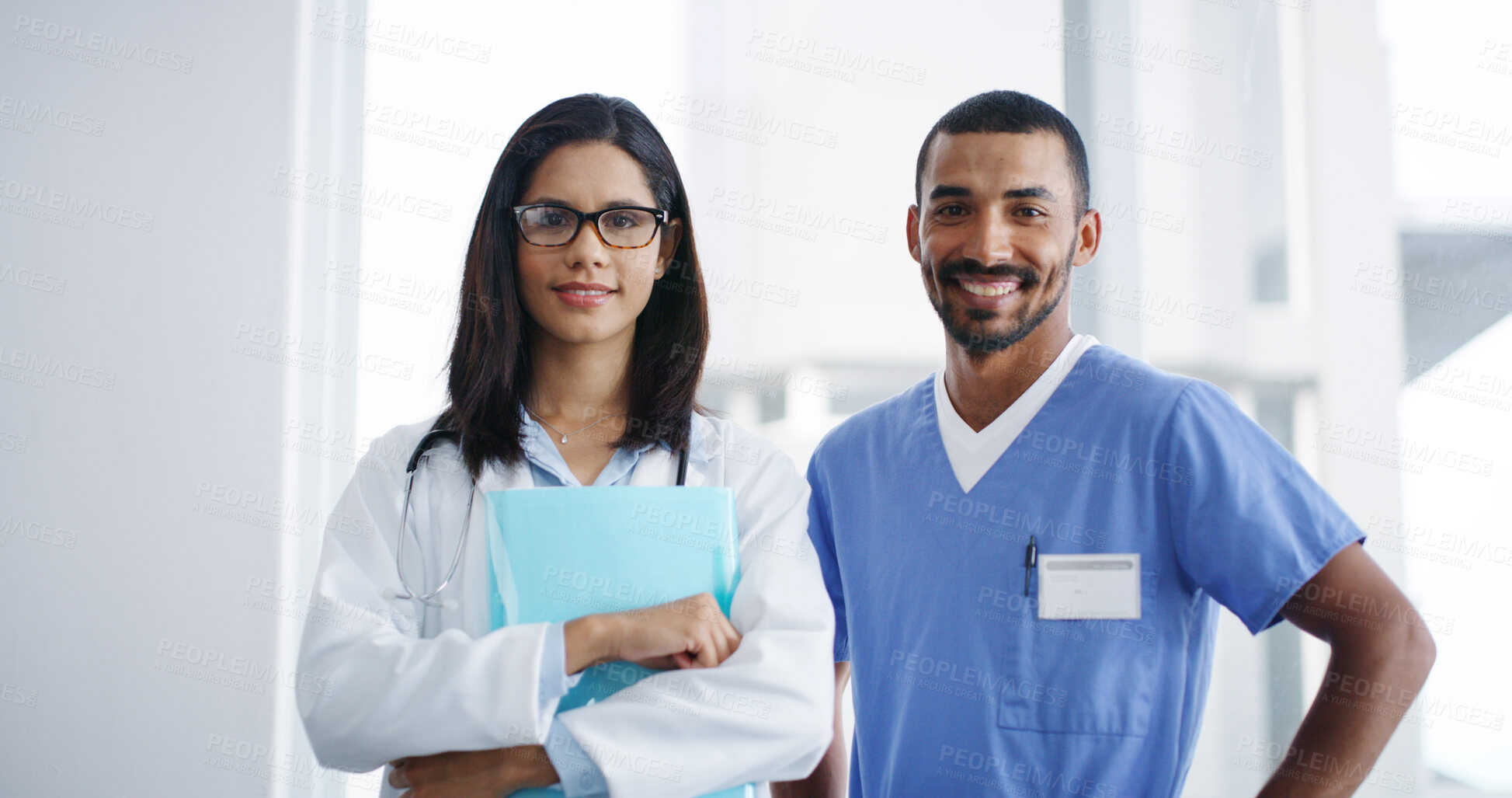 Buy stock photo Healthcare, doctor and nurse with portrait in hospital for medical service, about us and career confidence. Medicine, people and professional teamwork in clinic for surgery support and health trust