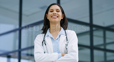 Buy stock photo Hospital, doctor and woman with arms crossed in portrait, medical support and professional career. Healthcare, female person and surgeon with smile for confidence, wellness service and about us pride