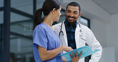 Buy stock photo Healthcare, doctors and folder in hospital for meeting, patient chart or medicine schedule. Happy man, woman nurse or document in clinic lobby for medical report, positive results or surgery feedback