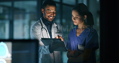 Buy stock photo Healthcare, doctors and tablet in night hospital for discussion, patient update or research. Happy man, nurse and tech in clinic office for medical report, good news or surgery feedback on late shift