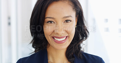 Buy stock photo Happy, confident and portrait of businesswoman in office with pride for legal career growth. Smile, professional and female corporate attorney from Mexico with positive attitude for case in workplace
