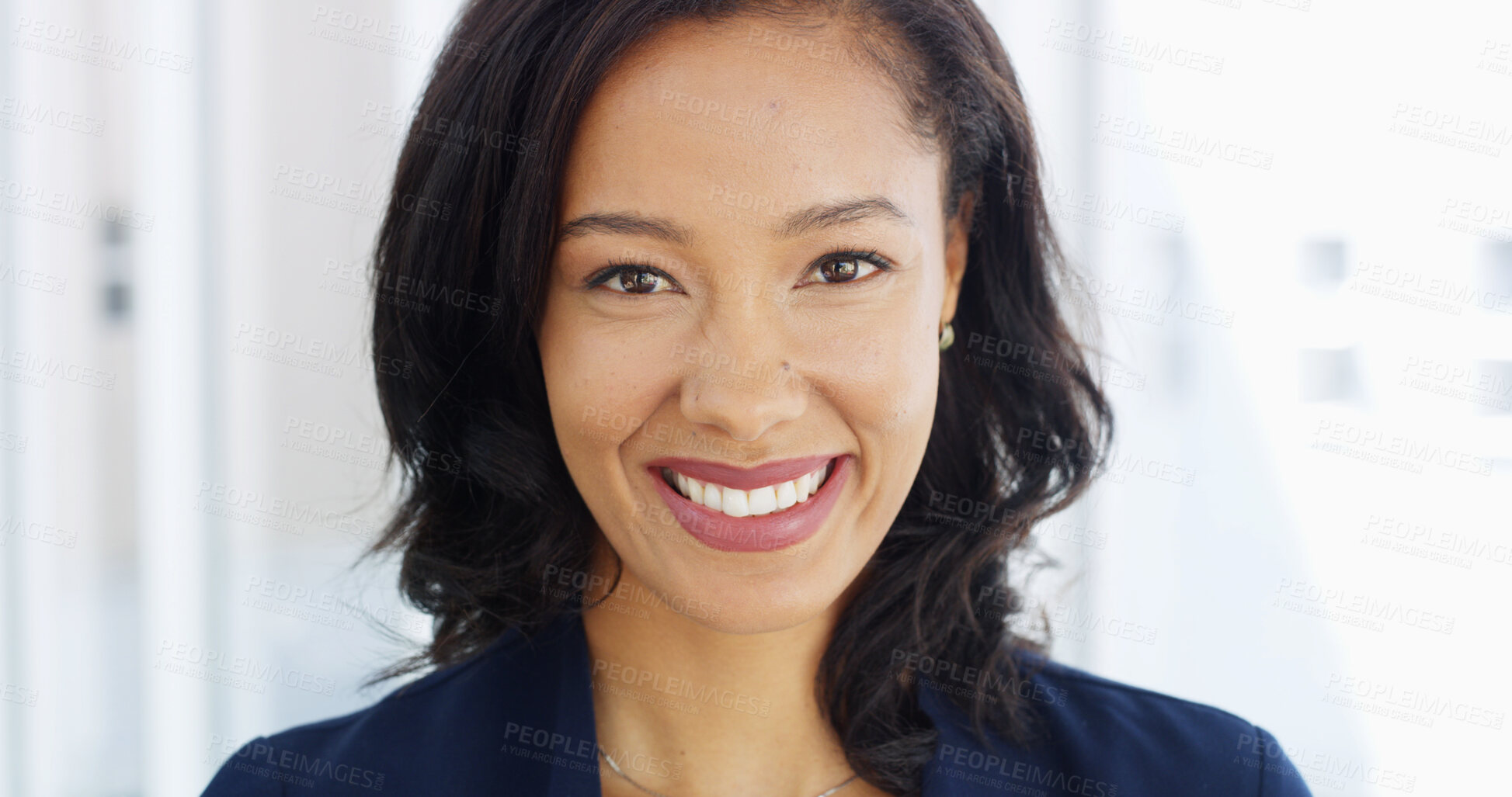 Buy stock photo Happy, confident and portrait of businesswoman in office with pride for legal career growth. Smile, professional and female corporate attorney from Mexico with positive attitude for case in workplace
