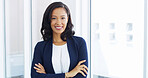 Happy, crossed arms and portrait of businesswoman in office with confidence for legal career growth. Smile, pride and corporate attorney from Mexico with positive attitude for case in workplace.