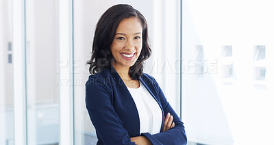 Buy stock photo Office, businesswoman and attorney in portrait for pride, corporate project and happiness. Workplace, female person and lawyer with arms crossed for justice, court case and legal aid at law firm goal
